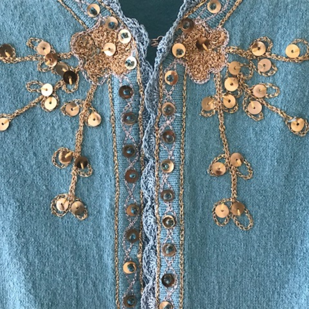 Blue Cardigan with Gold Sequins Trim - Size Small - Picture 3 of 6